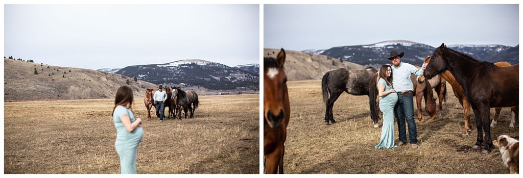 Husband bringing in horses for Montana maternity photos