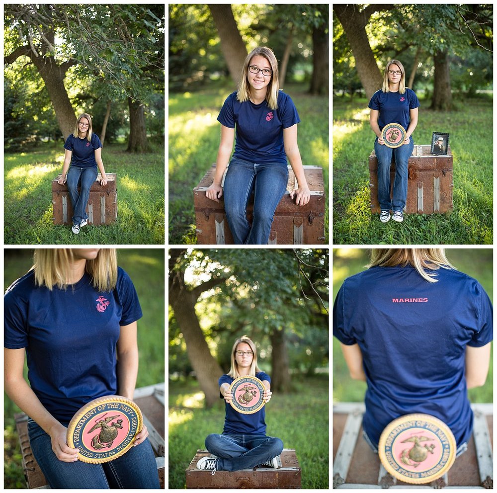 She wanted to incorporate her Marines t-shirt and plaque. She is following in her mother's and brother's footsteps. 