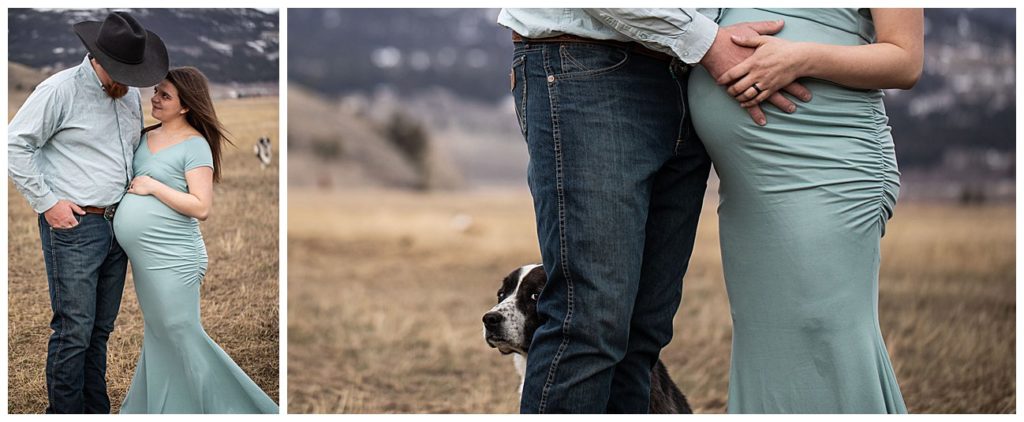 Close up of couple in Montana maternity photo with peaking dog