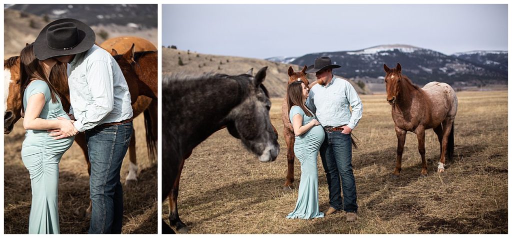 Couple with horses in Montana maternity photos
