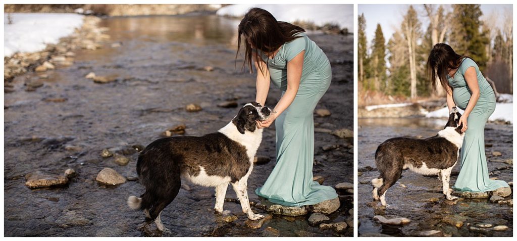 Montana Maternity photo with dog in river